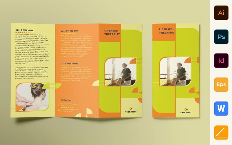 Download Фирменный стиль "Theater Brochure Trifold - Corporate Identity Template" / Theater Brochure Trifold - Corporate Identity Template - Фирменный стиль на тему графика brochure,trifold,template,corporate,company,branding,therapist,therapy,health,spa,massage,rehabilitation,green,orange,purple