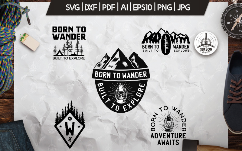 Wanderlust, emblemas de acampamento em vetor retrô, modelo de logotipo com corte SVG de camisa