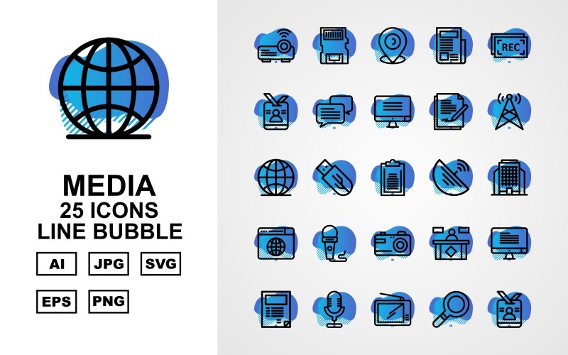 25 Conjunto de ícones de bolha de linha de mídia premium