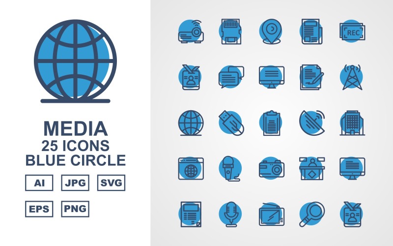 25 Conjunto de ícones de círculo azul de mídia premium