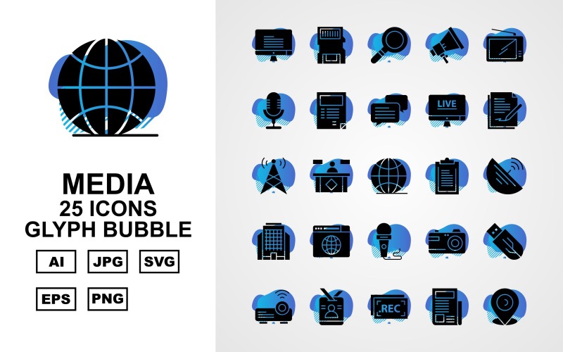Conjunto de iconos de burbujas de glifos de medios premium 25