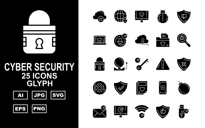 Download Набор иконок "25 Premium Cyber Security Glyph Icon Set" / 25 Premium Cyber Security Glyph Icon Set - Набор иконок на тему security accept,book,fan,shield,alert,key,lock,find,folder,cloud,download,laptop,dislike,bug,lcd,world,usb,like,wifi,message