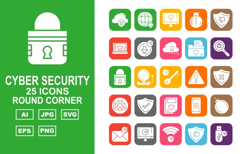 Download Набор иконок "25 Premium Cyber Security Round Corner Icon Set" / 25 Premium Cyber Security Round Corner Icon Set - Набор иконок на тему security accept,book,fan,shield,alert,key,lock,find,folder,cloud,download,laptop,dislike,bug,lcd,world,usb,like,wifi,message