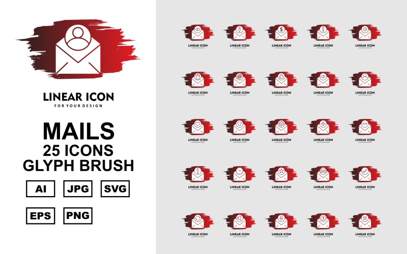 Download Набор иконок "25 Premium Mails Glyph Brush Icon Set" / 25 Premium Mails Glyph Brush Icon Set - Набор иконок на тему data pencil,cross,email,down,speaker,coin,information,check,trash,star,clock,about,add,minimize,letter,lock,refresh,tick,record,shield
