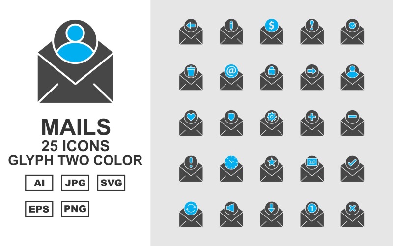 Download Набор иконок "25 Premium Mails Glyph Two Color Icon Set" / 25 Premium Mails Glyph Two Color Icon Set - Набор иконок на тему data pencil,cross,email,down,speaker,coin,information,check,trash,star,clock,about,add,minimize,letter,lock,refresh,tick,record,shield