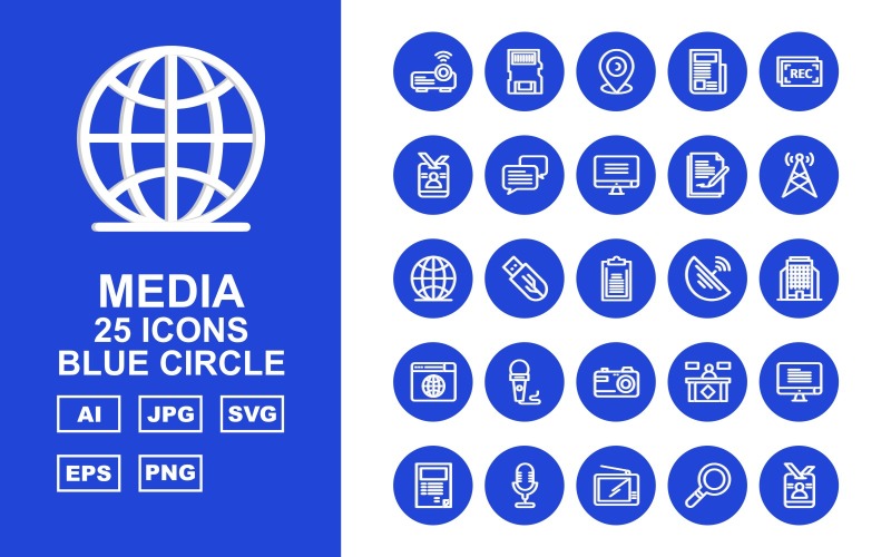 25 premium media blauwe cirkel pictogramserie