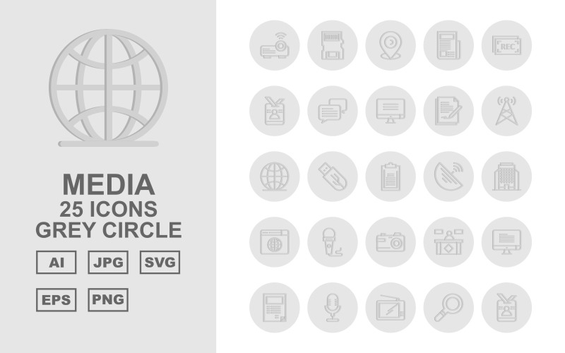 Download Набор иконок "25 Premium Media Grey Circle Icon Set" / 25 Premium Media Grey Circle Icon Set - Набор иконок на тему data projector,usb,camera,reception,led,book,microphone,television,find,memory card,id card,chat,document,tower,earth,satellite dishes,building,icon,icons