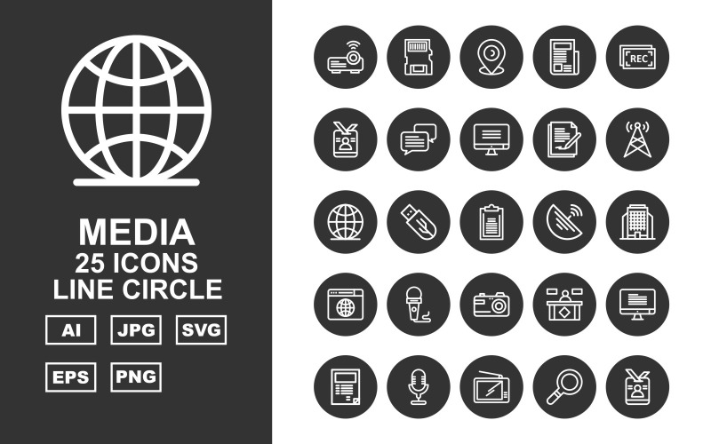 25 premium media lijn cirkel pictogramserie
