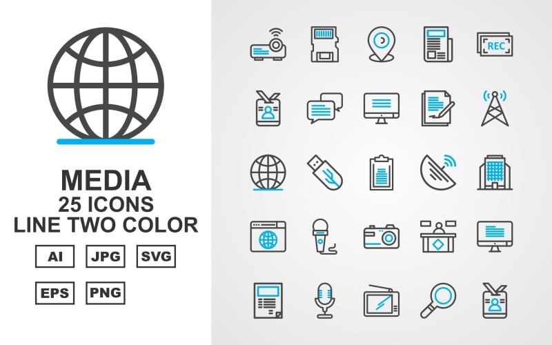 Download Набор иконок "25 Premium Media Line Two Color Icon Set" / 25 Premium Media Line Two Color Icon Set - Набор иконок на тему data projector,usb,camera,reception,led,book,microphone,television,find,memory card,id card,chat,document,tower,earth,satellite dishes,building,icon,icons