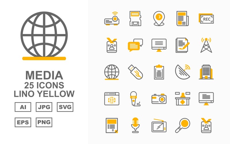 Download Набор иконок "25 Premium Media Lino Yellow Icon Set" / 25 Premium Media Lino Yellow Icon Set - Набор иконок на тему data projector,usb,camera,reception,led,book,microphone,television,find,memory card,id card,chat,document,tower,earth,satellite dishes,building,icon,icons