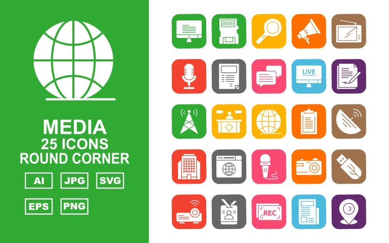 Download Набор иконок "25 Premium Media Round Corner Icon Set" / 25 Premium Media Round Corner Icon Set - Набор иконок на тему data projector,usb,camera,reception,led,book,microphone,television,find,memory card,id card,chat,document,tower,earth,satellite dishes,building,icon,icons