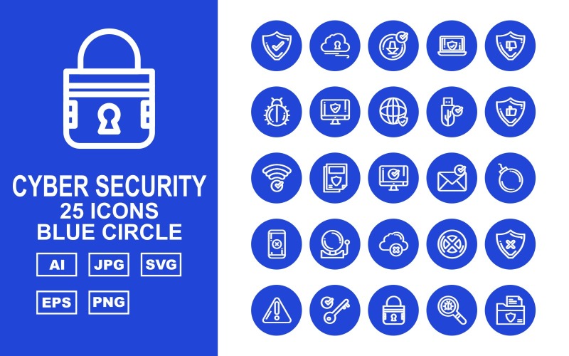 25 premium cyberveiligheid blauwe cirkel pictogramserie