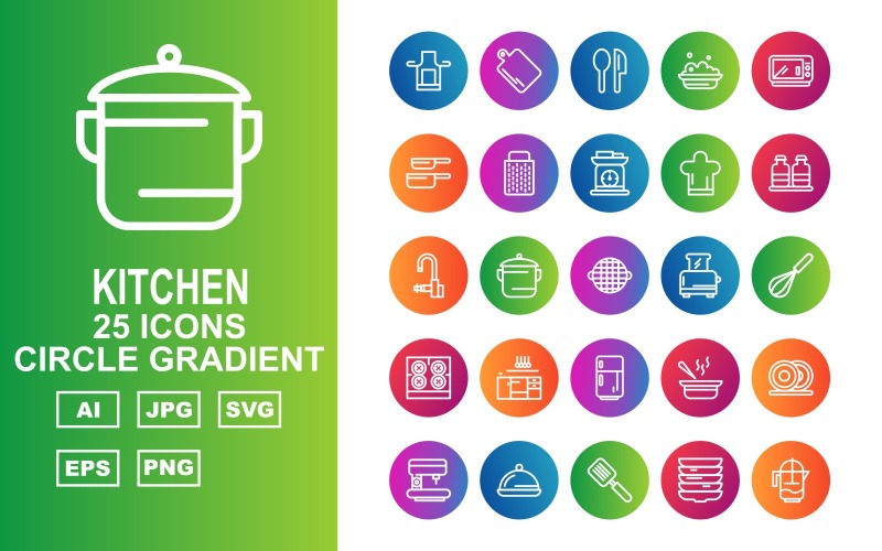 25 Premium Kitchen Circle Gradient Ikonuppsättning