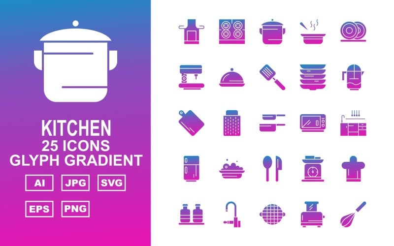 Download Набор иконок "25 Premium Kitchen Glyph Gradient Icon Set" / 25 Premium Kitchen Glyph Gradient Icon Set - Набор иконок на тему food salt,pot,sup,dishes,coffee maker,dish,flipper,water jug,kitchen,spoon,food,microwave,pan,grater,weighing machine,cook cap,bottle,tap,toaster,mixer