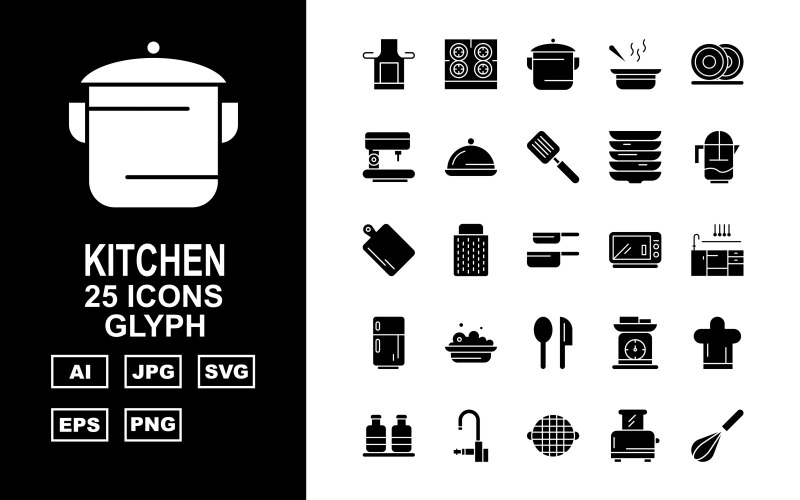 Download Набор иконок "25 Premium Kitchen Glyph Icon Set" / 25 Premium Kitchen Glyph Icon Set - Набор иконок на тему food salt,pot,sup,dishes,coffee maker,dish,flipper,water jug,kitchen,spoon,food,microwave,pan,grater,weighing machine,cook cap,bottle,tap,toaster,mixer