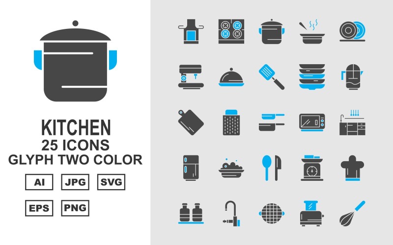 Download Набор иконок "25 Premium Kitchen Glyph Two Color Icon Set" / 25 Premium Kitchen Glyph Two Color Icon Set - Набор иконок на тему food salt,pot,sup,dishes,coffee maker,dish,flipper,water jug,kitchen,spoon,food,microwave,pan,grater,weighing machine,cook cap,bottle,tap,toaster,mixer