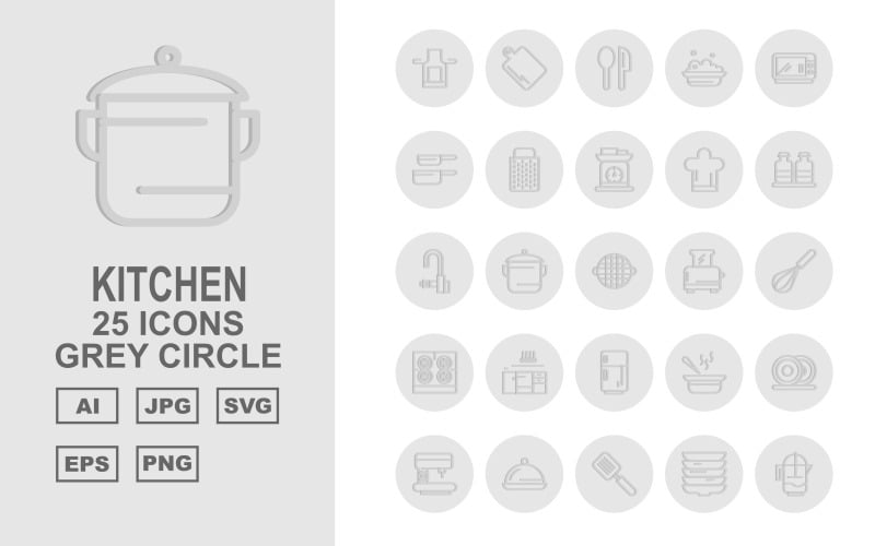 Download Набор иконок "25 Premium Kitchen Grey Circle Icon Set" / 25 Premium Kitchen Grey Circle Icon Set - Набор иконок на тему food salt,pot,sup,dishes,coffee maker,dish,flipper,water jug,kitchen,spoon,food,microwave,pan,grater,weighing machine,cook cap,bottle,tap,toaster,mixer