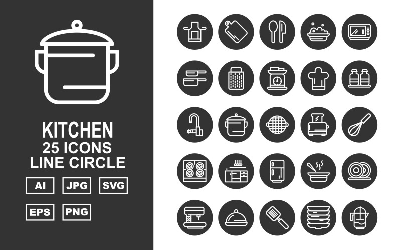 Download Набор иконок "25 Premium Kitchen Line Circle Icon Set" / 25 Premium Kitchen Line Circle Icon Set - Набор иконок на тему food salt,pot,sup,dishes,coffee maker,dish,flipper,water jug,kitchen,spoon,food,microwave,pan,grater,weighing machine,cook cap,bottle,tap,toaster,mixer