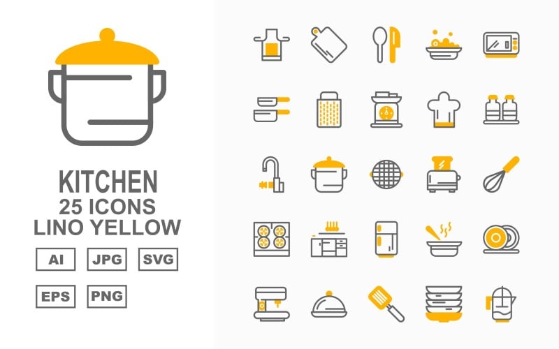 Download Набор иконок "25 Premium Kitchen Lino Yellow Icon Set" / 25 Premium Kitchen Lino Yellow Icon Set - Набор иконок на тему food salt,pot,sup,dishes,coffee maker,dish,flipper,water jug,kitchen,spoon,food,microwave,pan,grater,weighing machine,cook cap,bottle,tap,toaster,mixer