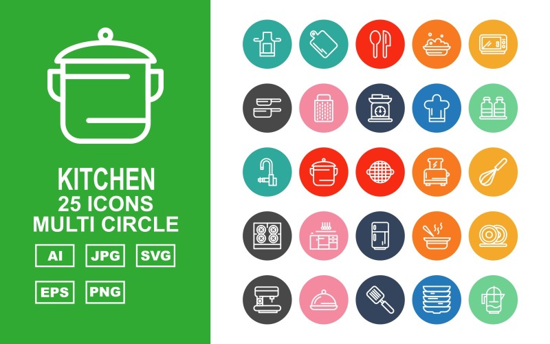 Download Набор иконок "25 Premium Kitchen Multi Circle Icon Set" / 25 Premium Kitchen Multi Circle Icon Set - Набор иконок на тему food salt,pot,sup,dishes,coffee maker,dish,flipper,water jug,kitchen,spoon,food,microwave,pan,grater,weighing machine,cook cap,bottle,tap,toaster,mixer