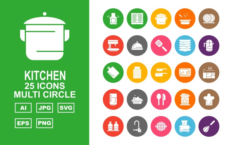 Download Набор иконок "25 Premium Kitchen Multi Circle Icon Set" / 25 Premium Kitchen Multi Circle Icon Set - Набор иконок на тему food salt,pot,sup,dishes,coffee maker,dish,flipper,water jug,kitchen,spoon,food,microwave,pan,grater,weighing machine,cook cap,bottle,tap,toaster,mixer