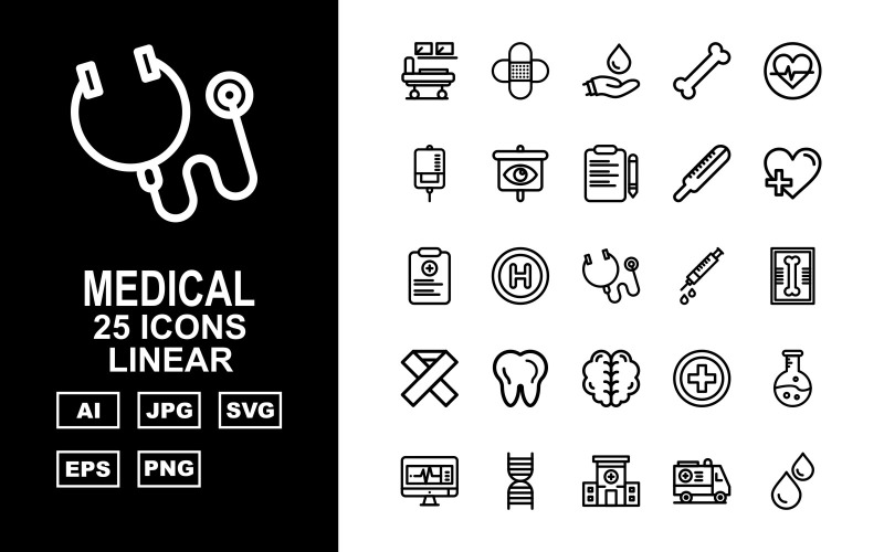 Download Набор иконок "25 Premium Medical Linear Icon Set" / 25 Premium Medical Linear Icon Set - Набор иконок на тему medical hospital bed,add,test tube,lcd,dna,ambulance,blood,hospital,kit,bone,heart,drip,eye,document,thermometer,report,stethoscope,injection,x ray,teeth