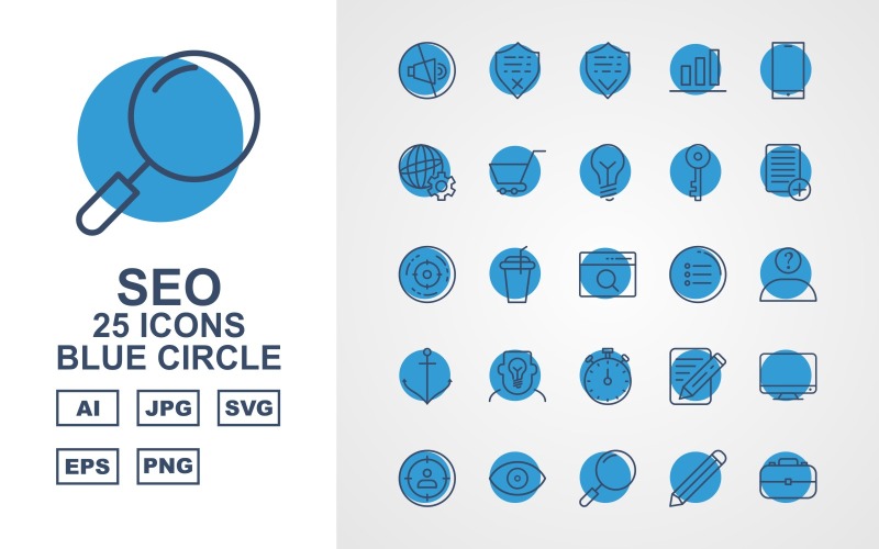 25 Conjunto de ícones de círculo azul SEO Premium