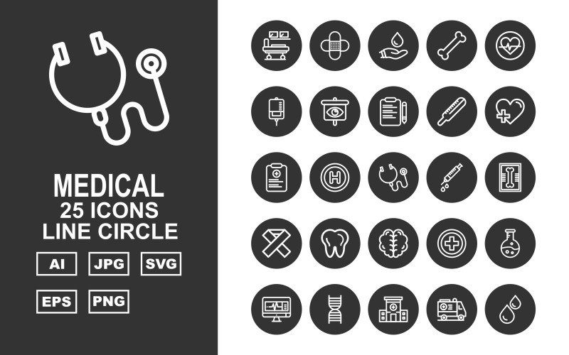25 Conjunto de iconos de círculo de línea médica premium
