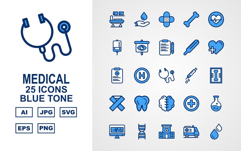 25 Conjunto de iconos de tono azul médico premium