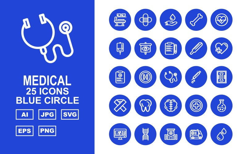 Набор из 25 медицинских иконок премиум-класса с синим кругом