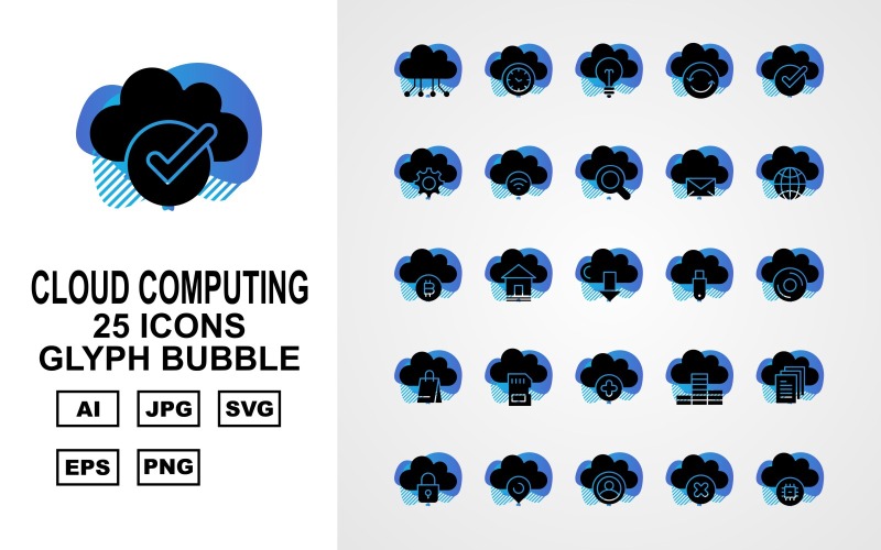 25 премиальных облачных вычислений Glyph Bubble Icon Set