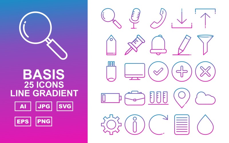 Download Набор иконок "25 Premium Basic Line Gradient Icon Set" / 25 Premium Basic Line Gradient Icon Set - Набор иконок на тему data search,lcd,restart,camera,dish,power off,lock,clock,man,record,call,download,upload,price tag,pin,bell,pencil,filter,usb,tick