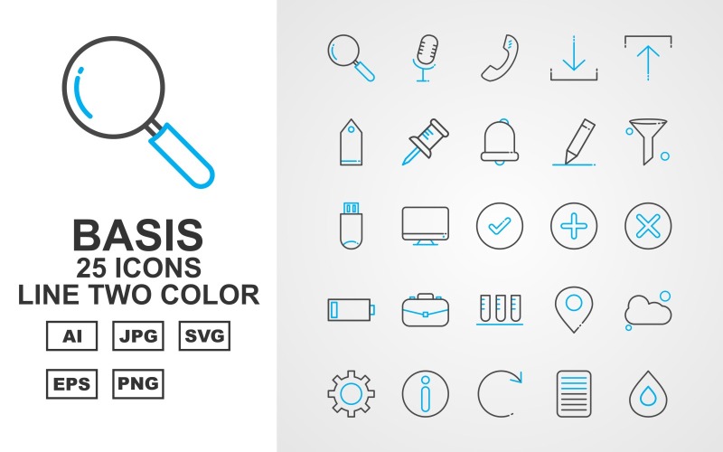 Download Набор иконок "25 Premium Basic Line Two Color Icon Set" / 25 Premium Basic Line Two Color Icon Set - Набор иконок на тему data search,lcd,restart,camera,dish,power off,lock,clock,man,record,call,download,upload,price tag,pin,bell,pencil,filter,usb,tick
