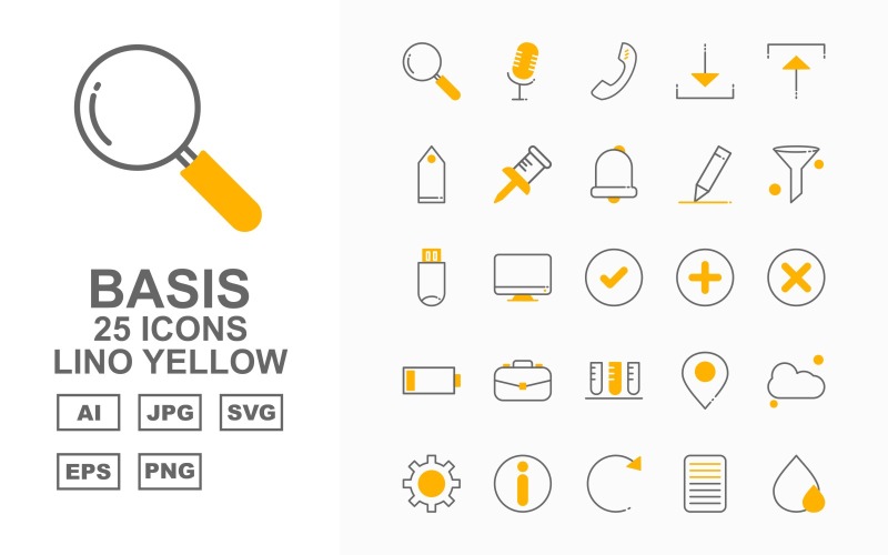 Download Набор иконок "25 Premium Basic Lino Yellow Icon Set" / 25 Premium Basic Lino Yellow Icon Set - Набор иконок на тему data search,lcd,restart,camera,dish,power off,lock,clock,man,record,call,download,upload,price tag,pin,bell,pencil,filter,usb,tick