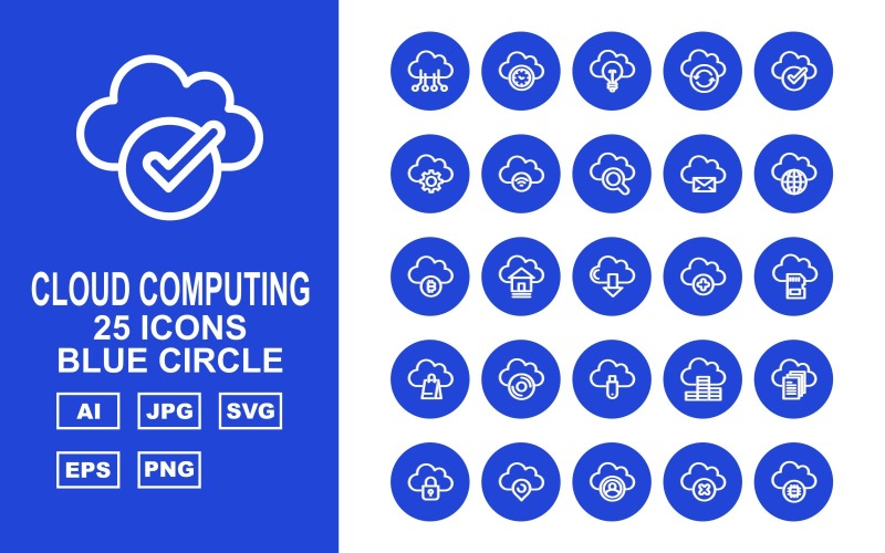 25 premium cloud computing blauwe cirkel pictogramserie
