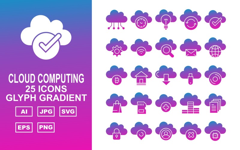 Download Набор иконок "25 Premium Cloud Computing Glyph Gradient Icon Set" / 25 Premium Cloud Computing Glyph Gradient Icon Set - Набор иконок на тему computer hardware,home,coin,document,lock,pin,person,cross,chip,clock,bulb,refresh,check,gear,wifi,find,message,earth,bitcoin,download