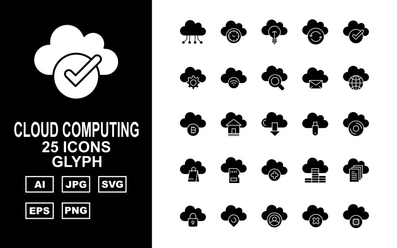 Download Набор иконок "25 Premium Cloud Computing Glyph Icon Set" / 25 Premium Cloud Computing Glyph Icon Set - Набор иконок на тему computer hardware,home,coin,document,lock,pin,person,cross,chip,clock,bulb,refresh,check,gear,wifi,find,message,earth,bitcoin,download