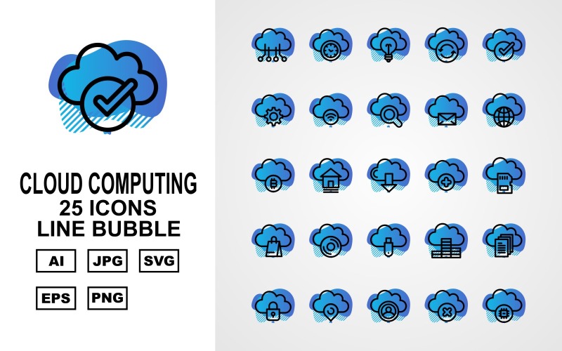 Download Набор иконок "25 Premium Cloud Computing Line Bubble Icon Set" / 25 Premium Cloud Computing Line Bubble Icon Set - Набор иконок на тему computer hardware,home,coin,document,lock,pin,person,cross,chip,clock,bulb,refresh,check,gear,wifi,find,message,earth,bitcoin,download