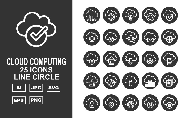 Download Набор иконок "25 Premium Cloud Computing Line Circle Icon Set" / 25 Premium Cloud Computing Line Circle Icon Set - Набор иконок на тему computer hardware,home,coin,document,lock,pin,person,cross,chip,clock,bulb,refresh,check,gear,wifi,find,message,earth,bitcoin,download