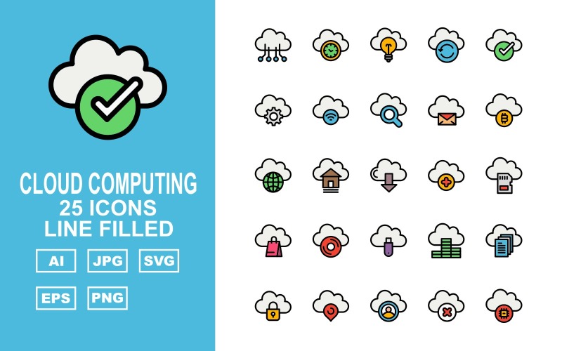25 Premium Cloud Computing Line fylld ikonuppsättning