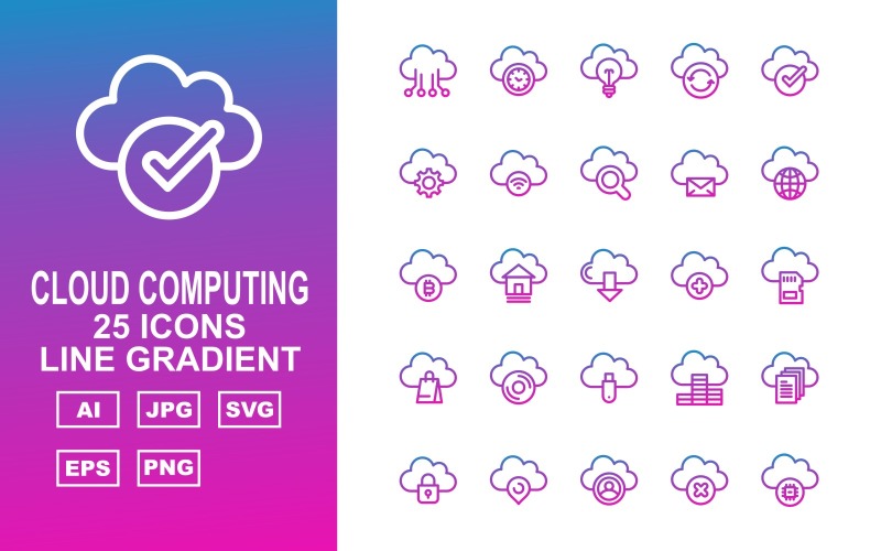 Download Набор иконок "25 Premium Cloud Computing Line Gradient Icon Set" / 25 Premium Cloud Computing Line Gradient Icon Set - Набор иконок на тему computer hardware,home,coin,document,lock,pin,person,cross,chip,clock,bulb,refresh,check,gear,wifi,find,message,earth,bitcoin,download