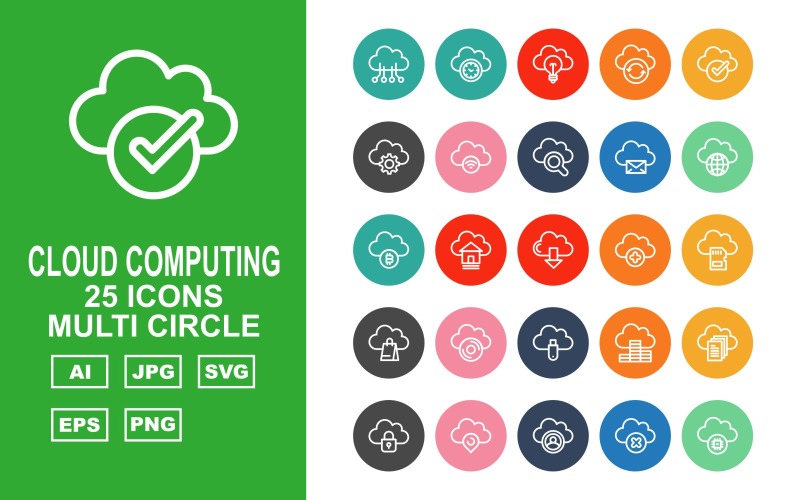 Download Набор иконок "25 Premium Cloud Computing Multi Circle Icon Set" / 25 Premium Cloud Computing Multi Circle Icon Set - Набор иконок на тему computer hardware,home,coin,document,lock,pin,person,cross,chip,clock,bulb,refresh,check,gear,wifi,find,message,earth,bitcoin,download
