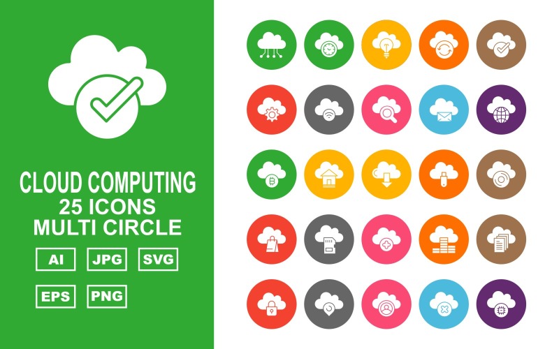 Download Набор иконок "25 Premium Cloud Computing Multi Circle Icon Set" / 25 Premium Cloud Computing Multi Circle Icon Set - Набор иконок на тему computer hardware,home,coin,document,lock,pin,person,cross,chip,clock,bulb,refresh,check,gear,wifi,find,message,earth,bitcoin,download
