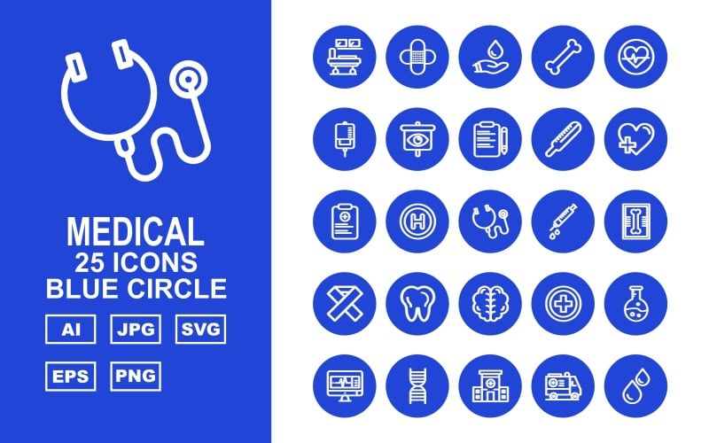 Download Набор иконок "25 Premium Medical Blue Circle Icon Set" / 25 Premium Medical Blue Circle Icon Set - Набор иконок на тему medical hospital bed,add,test tube,lcd,dna,ambulance,blood,hospital,kit,bone,heart,drip,eye,document,thermometer,report,stethoscope,injection,x ray,teeth