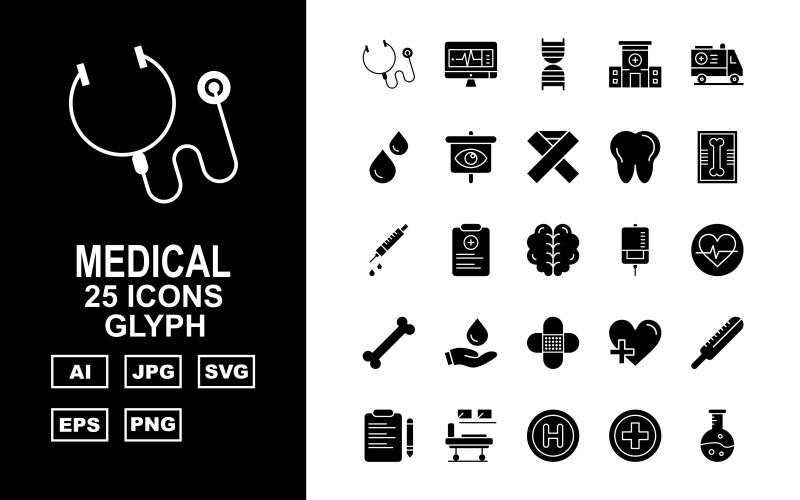 Download Набор иконок "25 Premium Medical Glyph Icon Set" / 25 Premium Medical Glyph Icon Set - Набор иконок на тему medical hospital bed,add,test tube,lcd,dna,ambulance,blood,hospital,kit,bone,heart,drip,eye,document,thermometer,report,stethoscope,injection,x ray,teeth