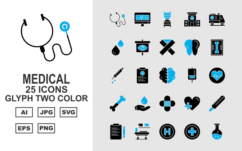 Download Набор иконок "25 Premium Medical Glyph Two Color Icon Set" / 25 Premium Medical Glyph Two Color Icon Set - Набор иконок на тему medical hospital bed,add,test tube,lcd,dna,ambulance,blood,hospital,kit,bone,heart,drip,eye,document,thermometer,report,stethoscope,injection,x ray,teeth