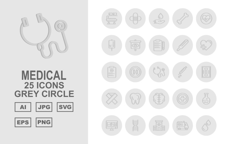 Download Набор иконок "25 Premium Medical Grey Circle Icon Set" / 25 Premium Medical Grey Circle Icon Set - Набор иконок на тему medical hospital bed,add,test tube,lcd,dna,ambulance,blood,hospital,kit,bone,heart,drip,eye,document,thermometer,report,stethoscope,injection,x ray,teeth