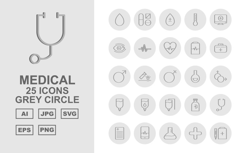 Download Набор иконок "25 Premium Medical Grey Circle Icon Set" / 25 Premium Medical Grey Circle Icon Set - Набор иконок на тему medical drop,flask,add,clipboard,stetoscop,bandage,heart,tablet,thermometer,lcd,eye,beat,heartbeat,briefcase,gender,bottle,bed,report,online,icon