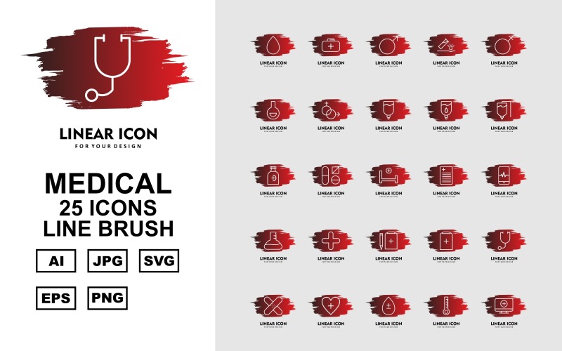 Download Набор иконок "25 Premium Medical Line Brush Icon Set" / 25 Premium Medical Line Brush Icon Set - Набор иконок на тему medical drop,flask,add,clipboard,stetoscop,bandage,heart,tablet,thermometer,lcd,eye,beat,heartbeat,briefcase,gender,bottle,bed,report,online,icon