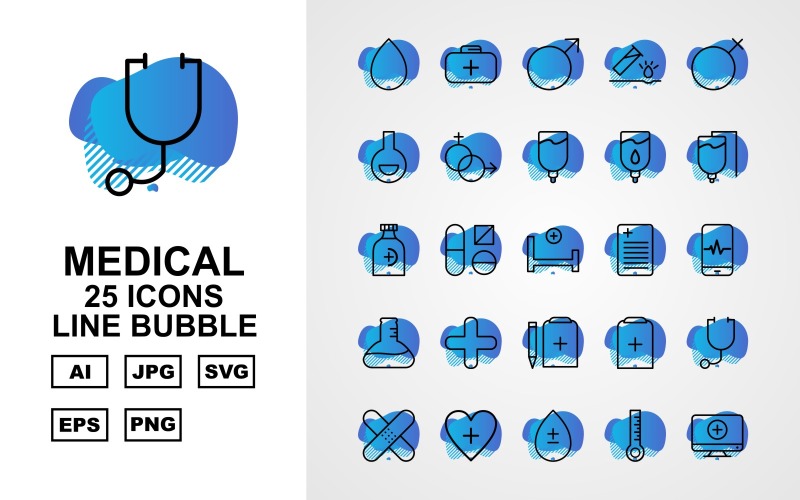 Download Набор иконок "25 Premium Medical Line Bubble Icon Set" / 25 Premium Medical Line Bubble Icon Set - Набор иконок на тему medical drop,flask,add,clipboard,stetoscop,bandage,heart,tablet,thermometer,lcd,eye,beat,heartbeat,briefcase,gender,bottle,bed,report,online,icon